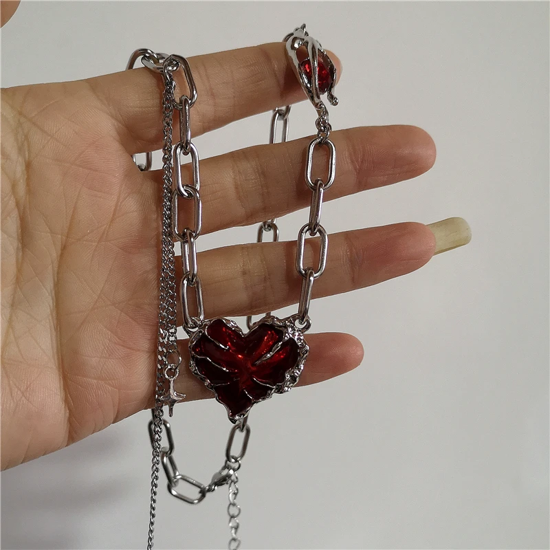 Women'S Emo Accessories - الأحمر الحمم القلب ستار الصليب سلسلة